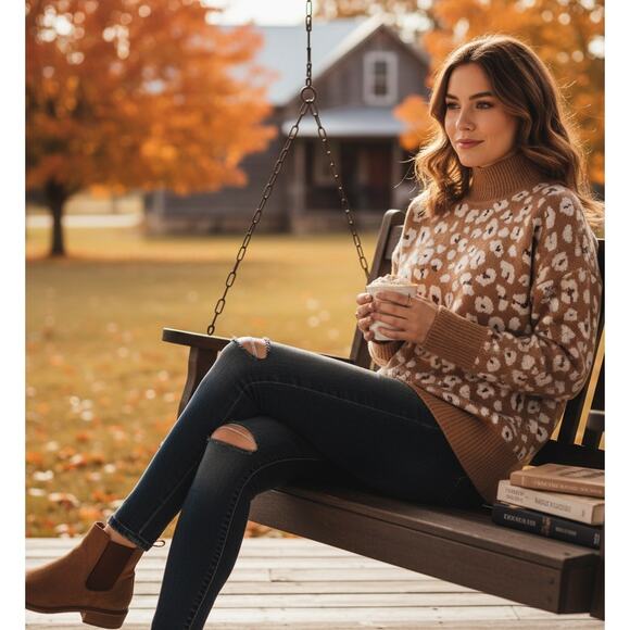 🐆 LOFT Leopard Print Mock Neck Sweater | Tan & White Metallic Accent | Size M - Picture 2 of 10